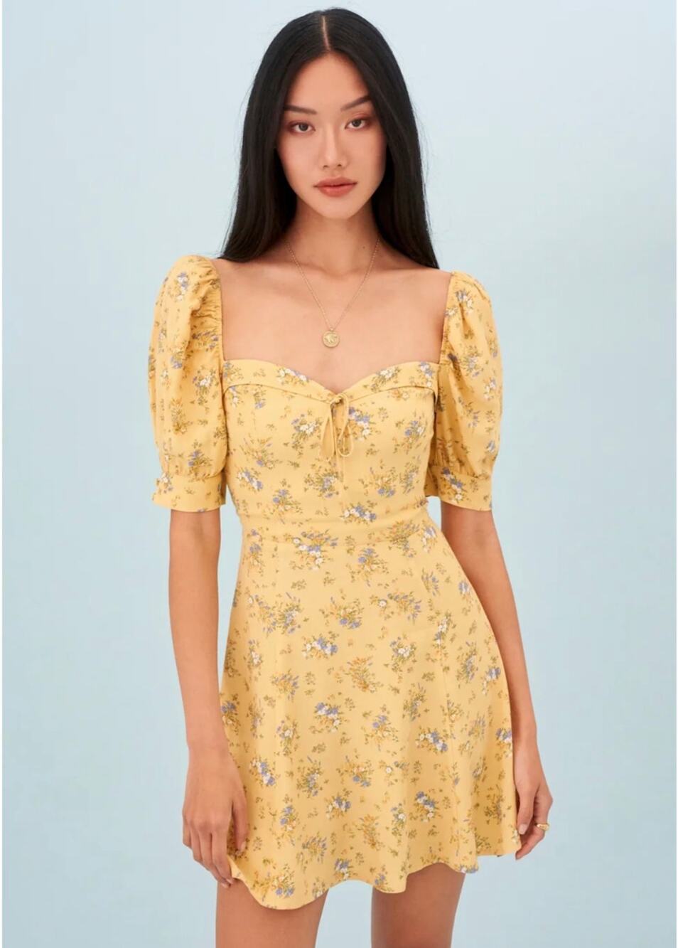 Reformation Lillet Dress Yellow Felicity Floral Puff Sleeves A Line Tie Front 14